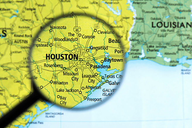 Map of Houston. Detail from the World Atlas. Selective Focus.